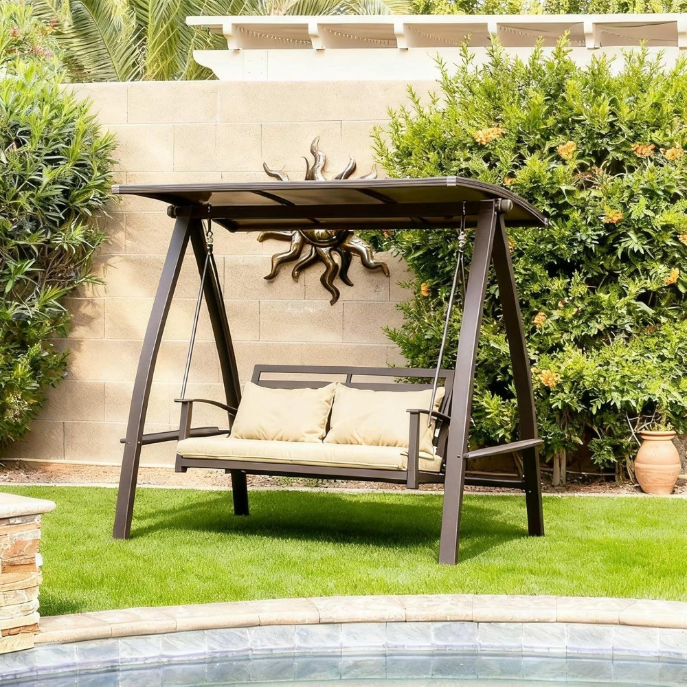 Garden Bench Metal - 2-Seat Outdoor Swing with Adjustable PVC