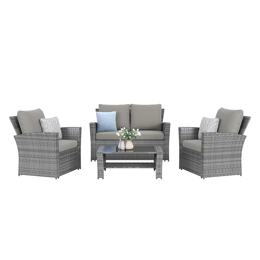Outdoor Furniture Grey - 4-Piece Grey Waterproof PE Wicker Outdoor