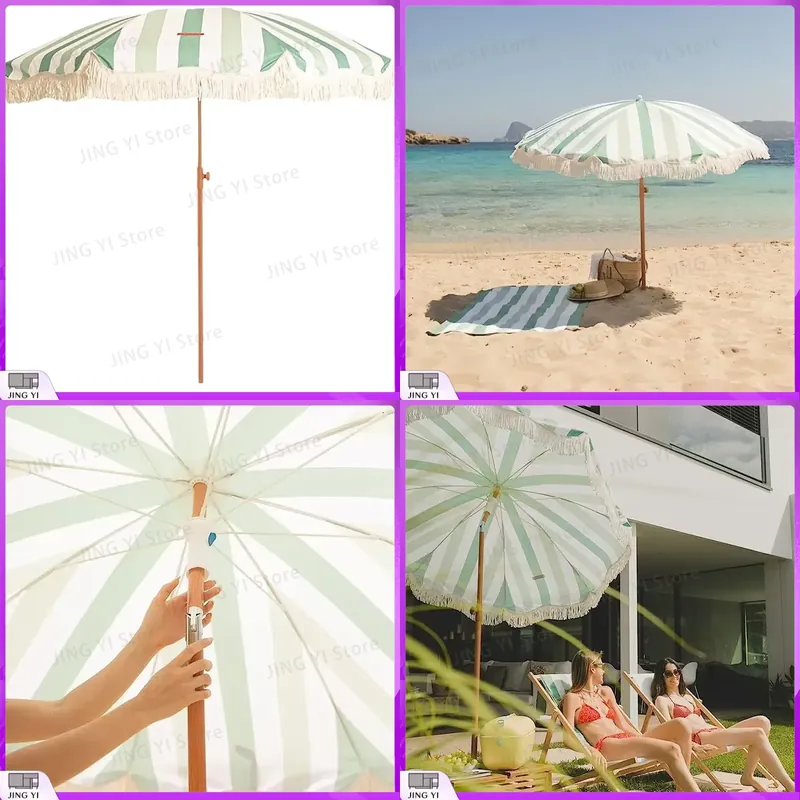 Outdoor Furniture Green - Portable Green and White Striped Fringed