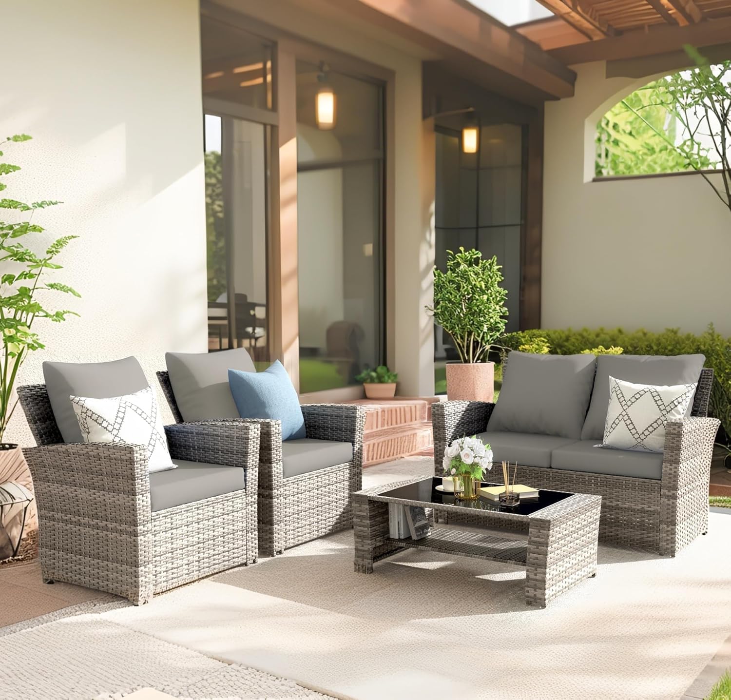 4-Piece Grey Waterproof PE Wic - Outdoor Furniture Grey recension och pris
