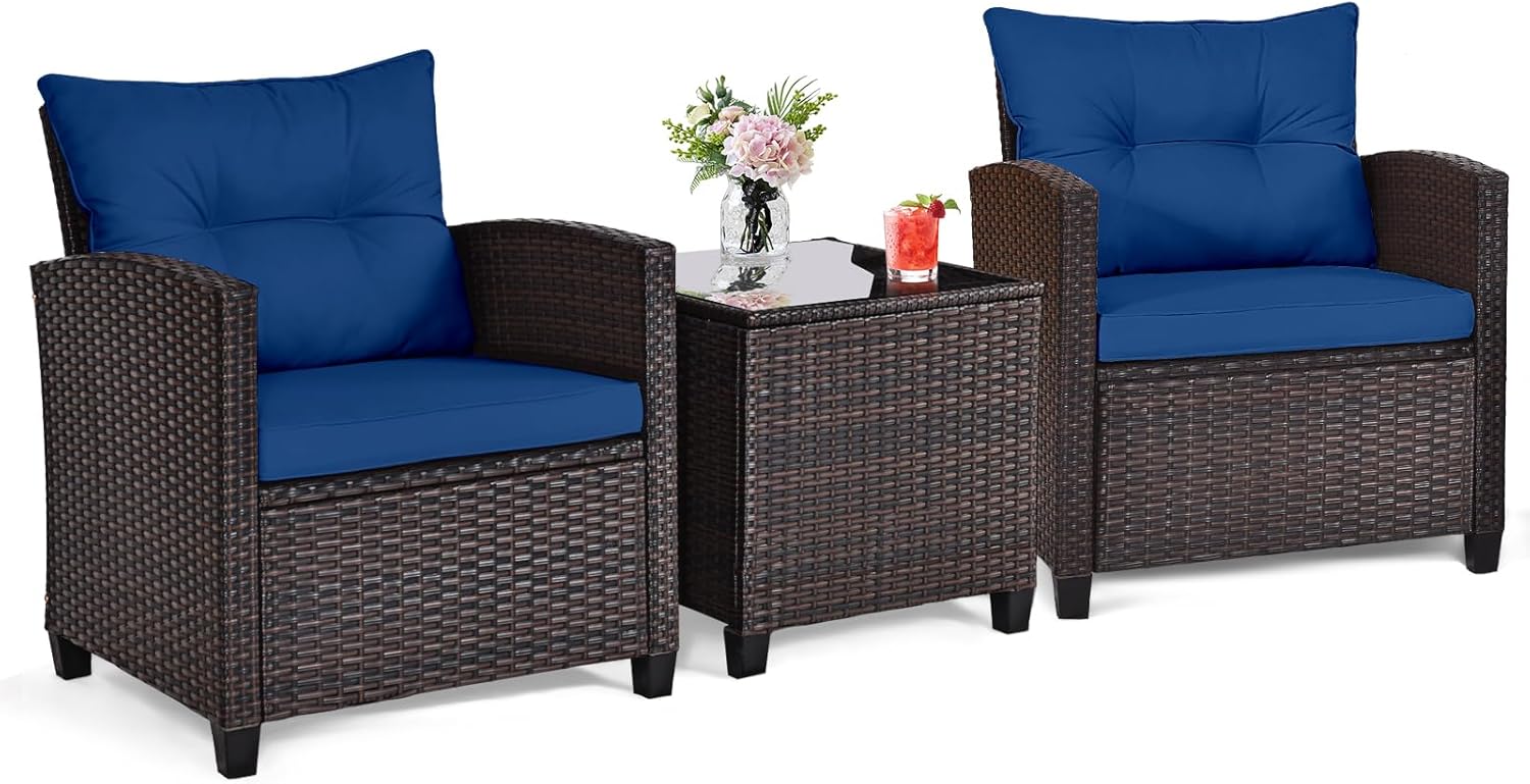 Navy blue rattan wicker 3-piec - Outdoor Furniture Table recension och pris